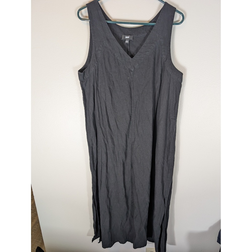 DKNY Womens L Black Linen Blend Sleeveless Midi Dress Breathable Formal Summer